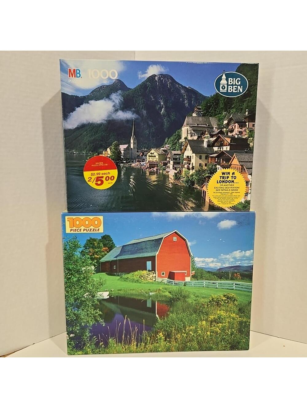 Lot of 2 1000 Piece Puzzles 20x26 & 20x27" Hallstatt Austria & Barn and Pond New